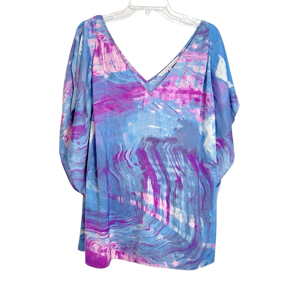 Rachel Rachel Roy Watercolor Split Flutter Sleeve Top 3X Blue Abstract Swirls